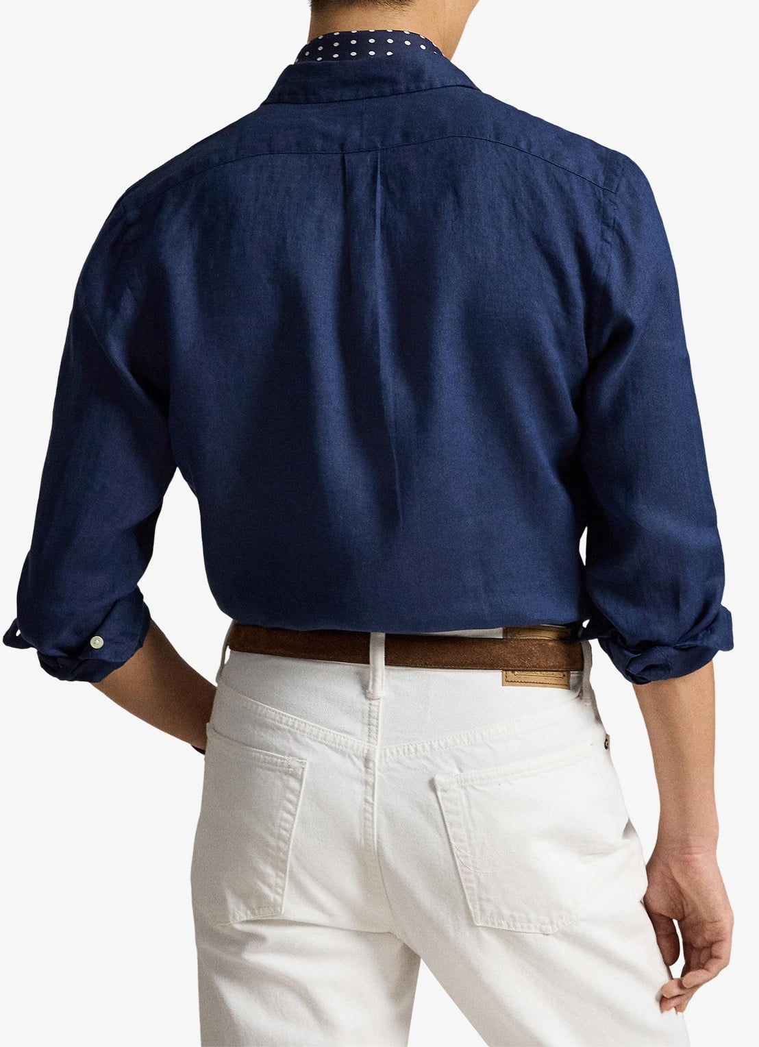 Ralph Lauren Slim fit overhemd van linnen met logoborduring - achterkant newport navy / white / donkerblauw