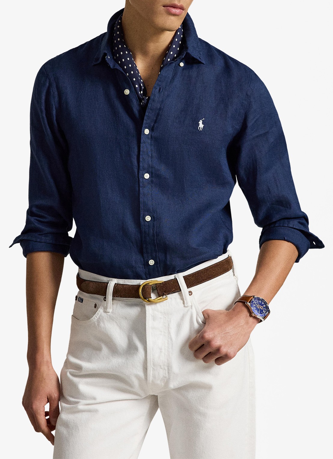 Ralph Lauren Slim fit overhemd van linnen met logoborduring - detail 4 newport navy / white / donkerblauw