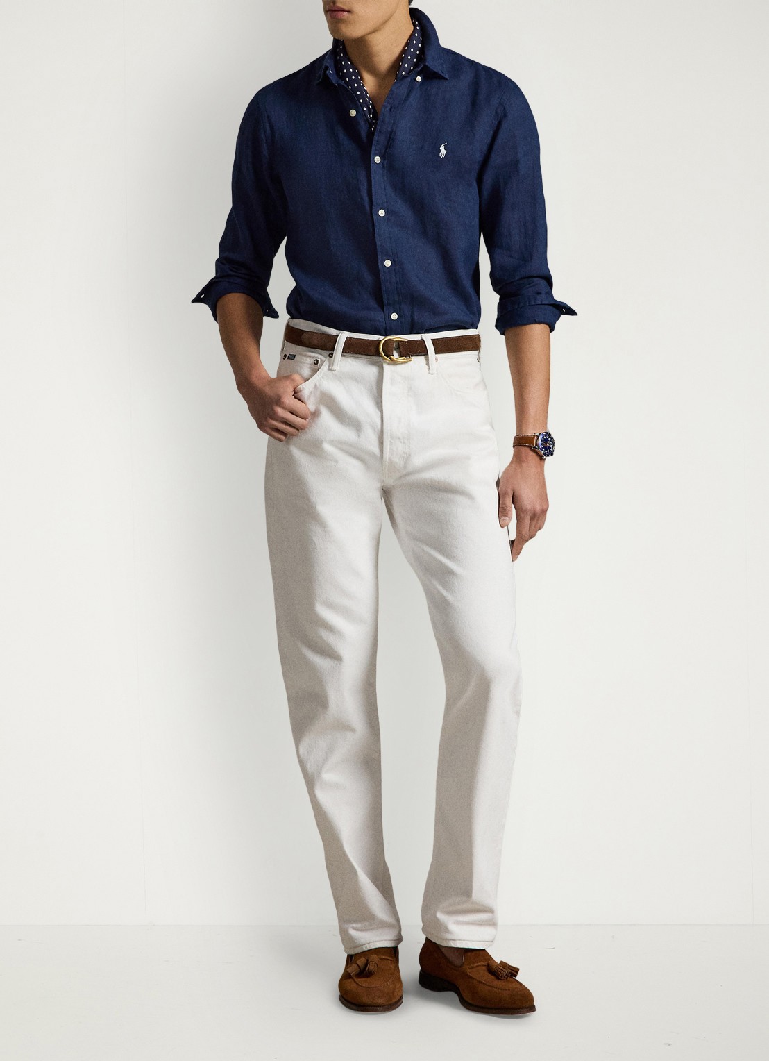 Ralph Lauren Slim fit overhemd van linnen met logoborduring - voorkant 3 newport navy / white / donkerblauw