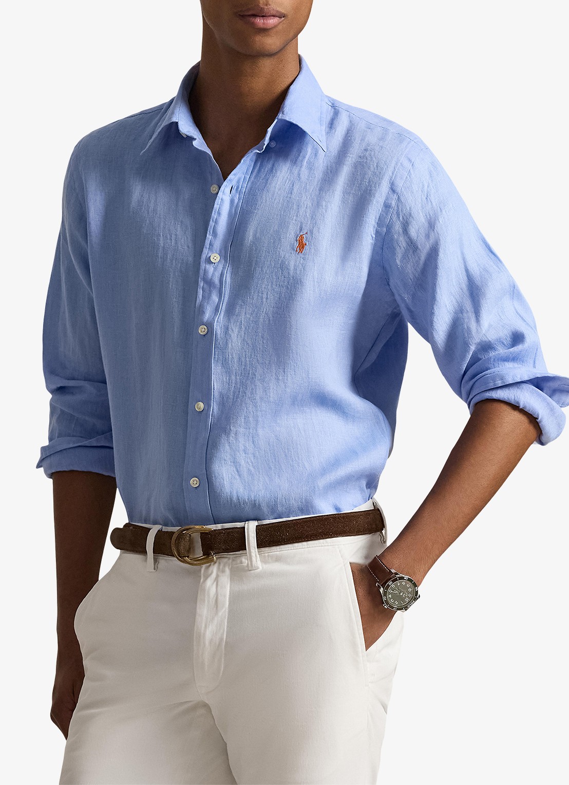 Ralph Lauren Slim fit overhemd van linnen met logoborduring - detail austin blue / blauw