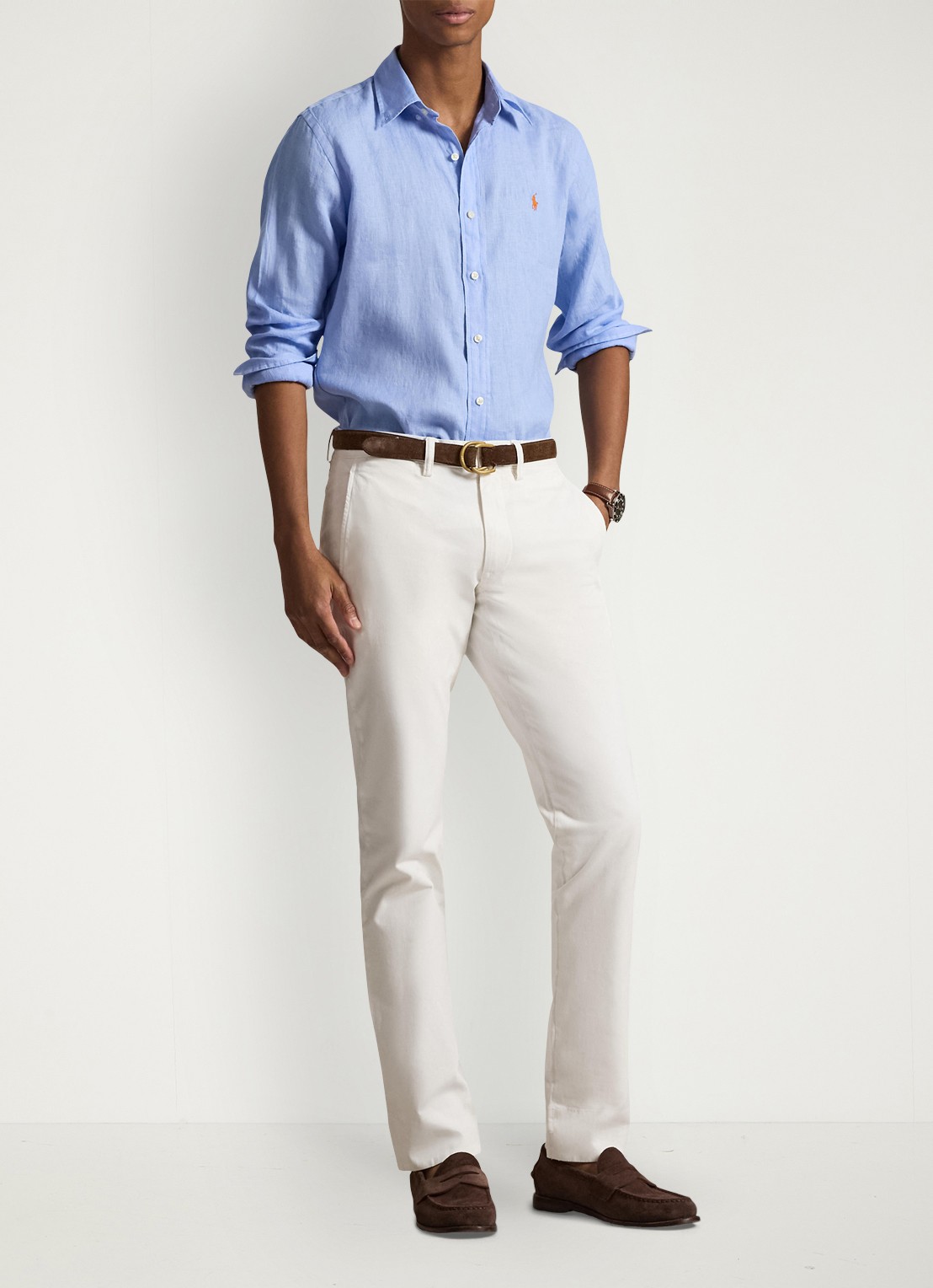 Ralph Lauren Slim fit overhemd van linnen met logoborduring - voorkant 4 austin blue / blauw