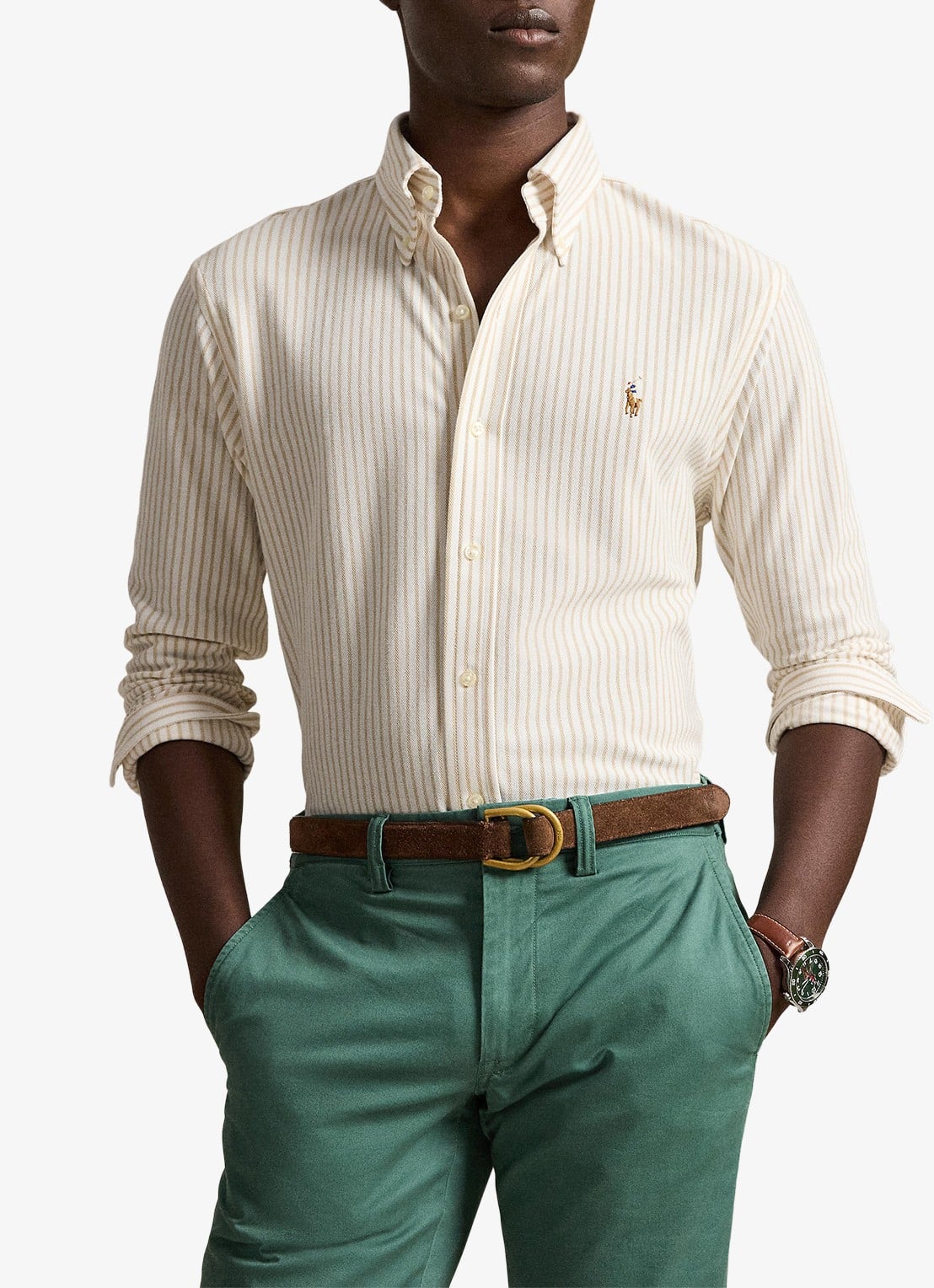 Ralph Lauren Slim fit Oxford overhemd met streepprint - voorkant 2 white/coastal beige / beige
