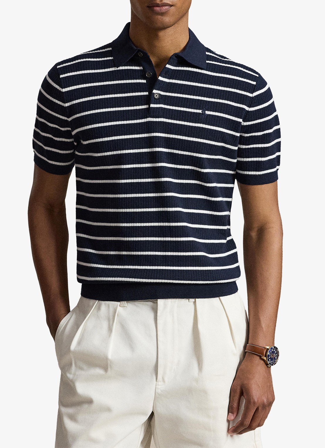 Ralph Lauren Slim fit ribgebreide polo met streepprint - detail 4 navy white combo / donkerblauw
