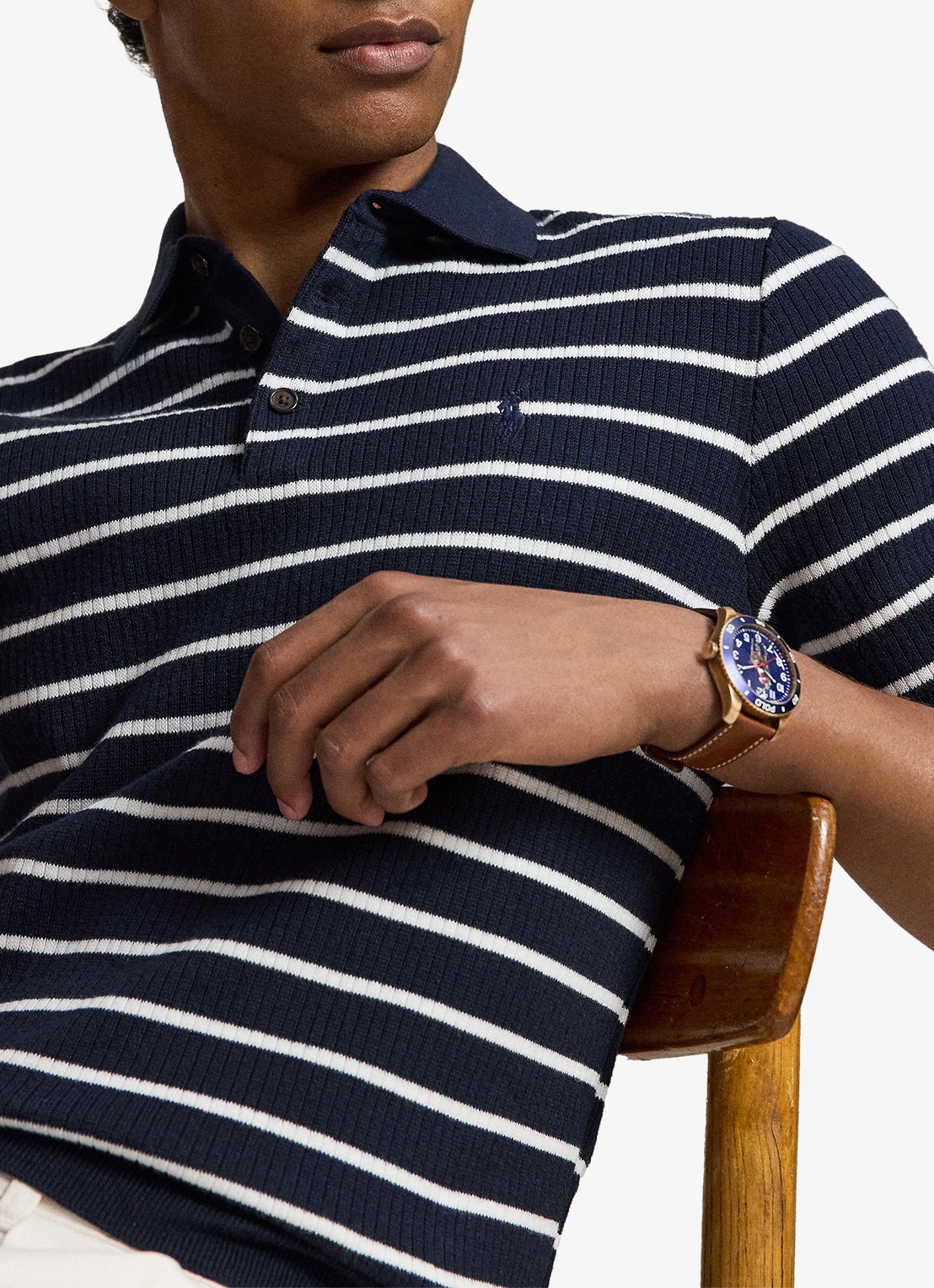 Ralph Lauren Slim fit ribgebreide polo met streepprint - detail 5 navy white combo / donkerblauw
