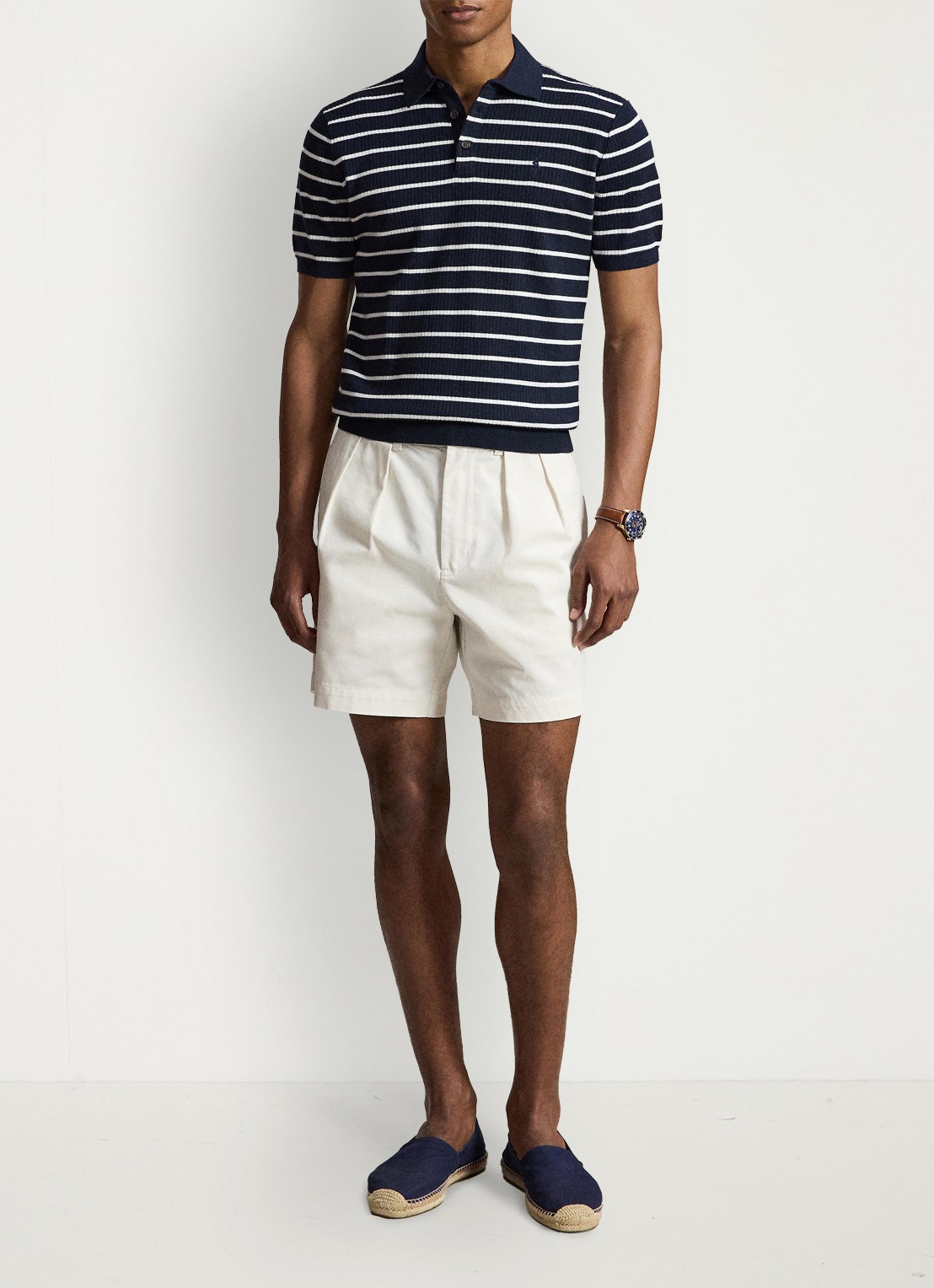 Ralph Lauren Slim fit ribgebreide polo met streepprint - voorkant 3 navy white combo / donkerblauw