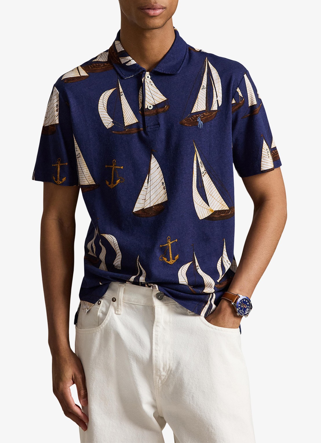 Ralph Lauren Standard fit polo in linnenblend met print - detail nautical traverse / blauw