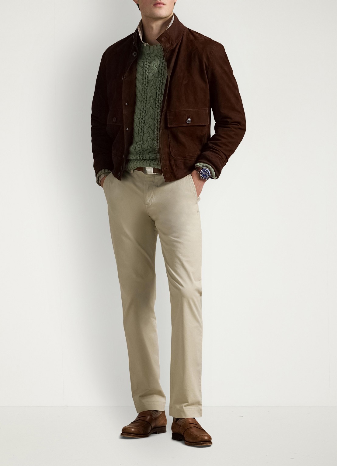 Ralph Lauren Straight fit gewassen chino met stretch - voorkant 2 classic stone / beige