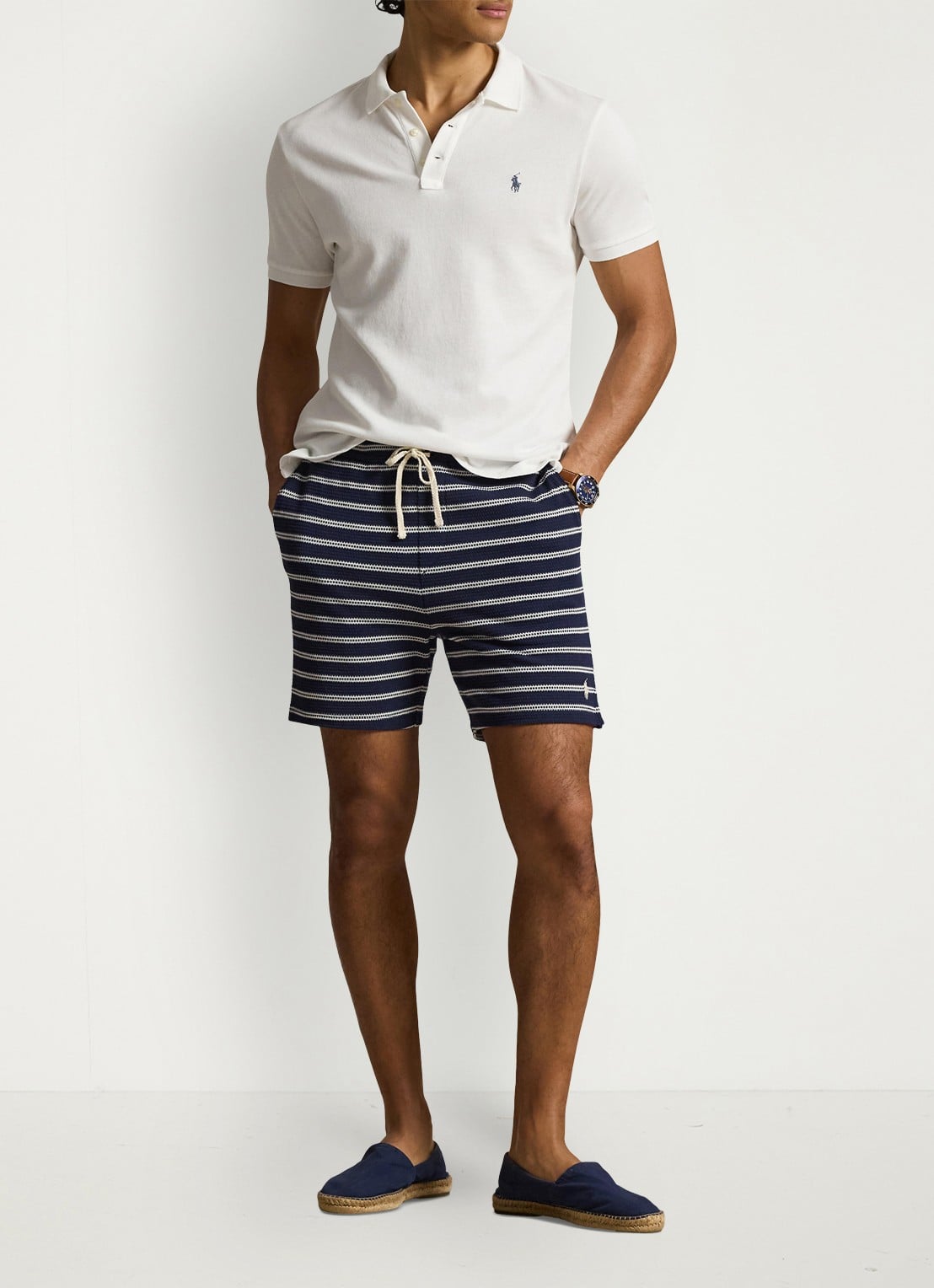 Ralph Lauren Straight fit korte broek met streepprint - voorkant 3 newport navy/pale cream-zyrr