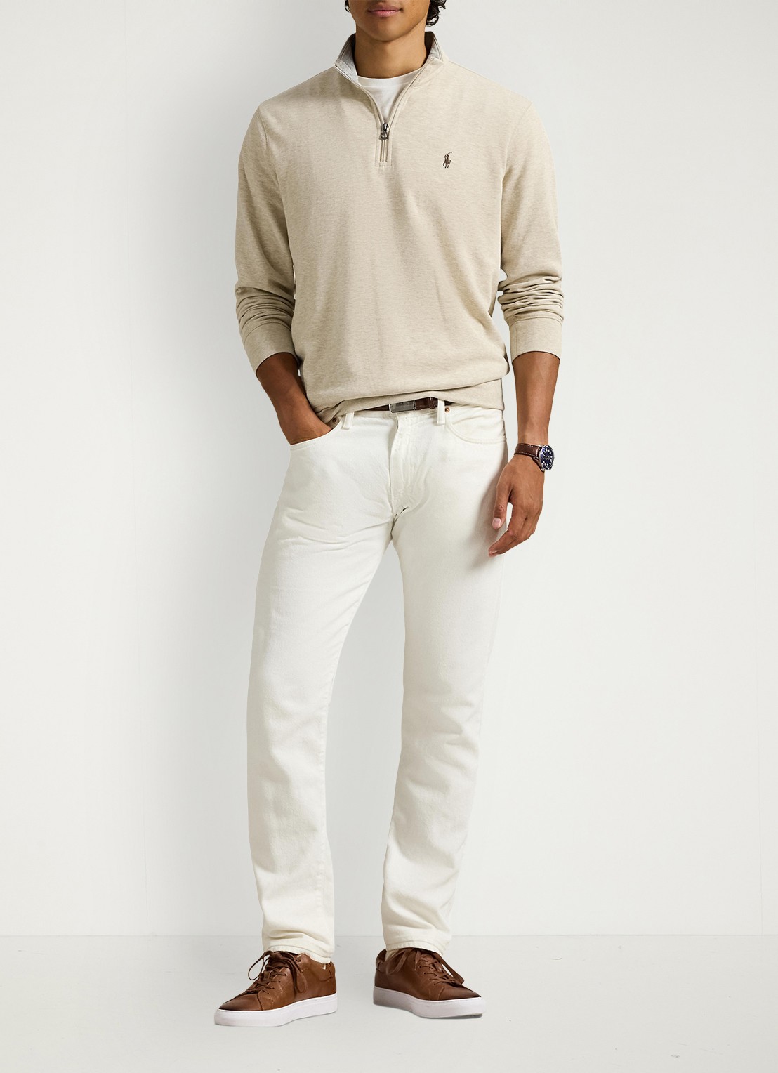 Ralph Lauren Sweater met halve rits en logoborduring - voorkant 2 expedition dune heather