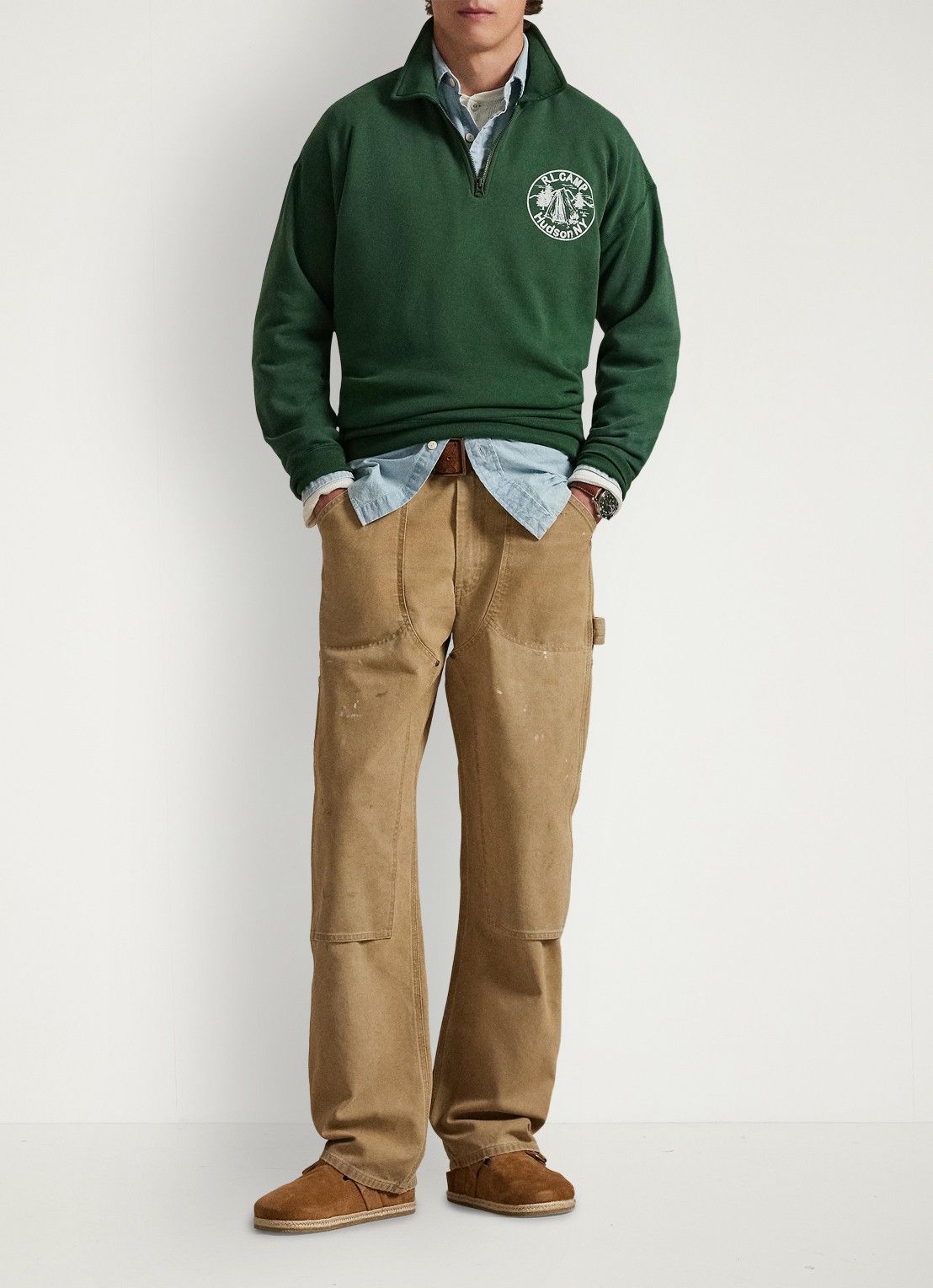 Ralph Lauren Sweater met halve rits en logoprint - detail grass green / groen