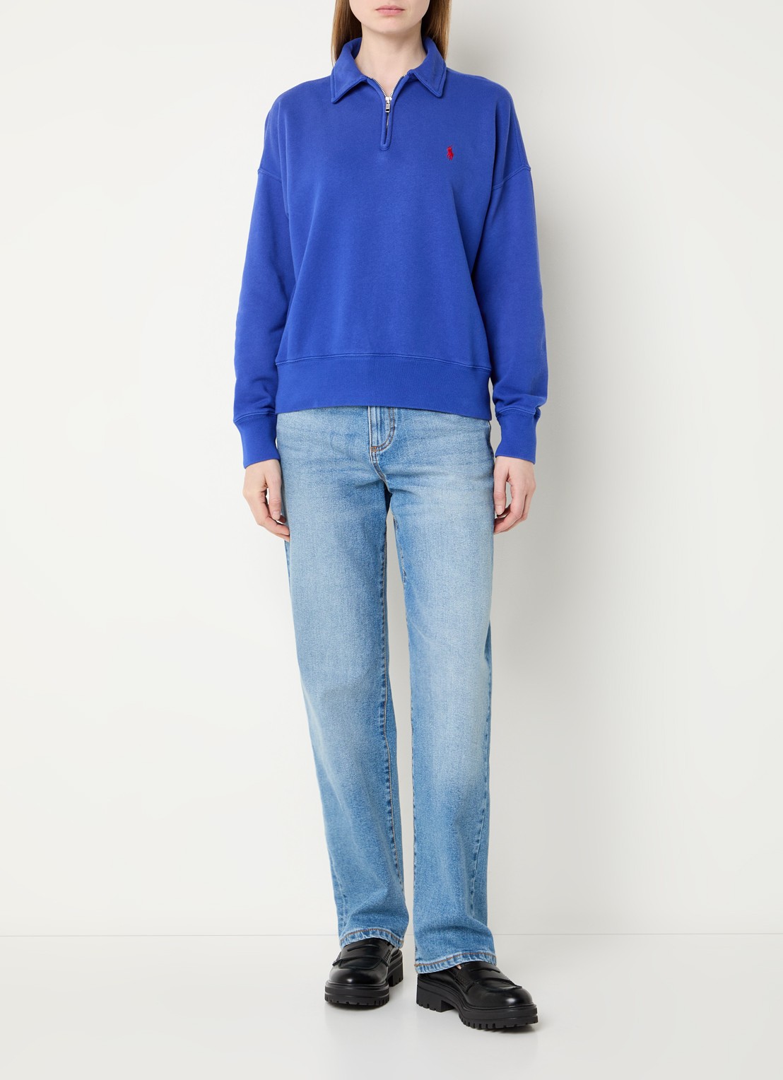 Ralph Lauren Sweater met logo en halve rits - voorkant 3 kobaltblauw