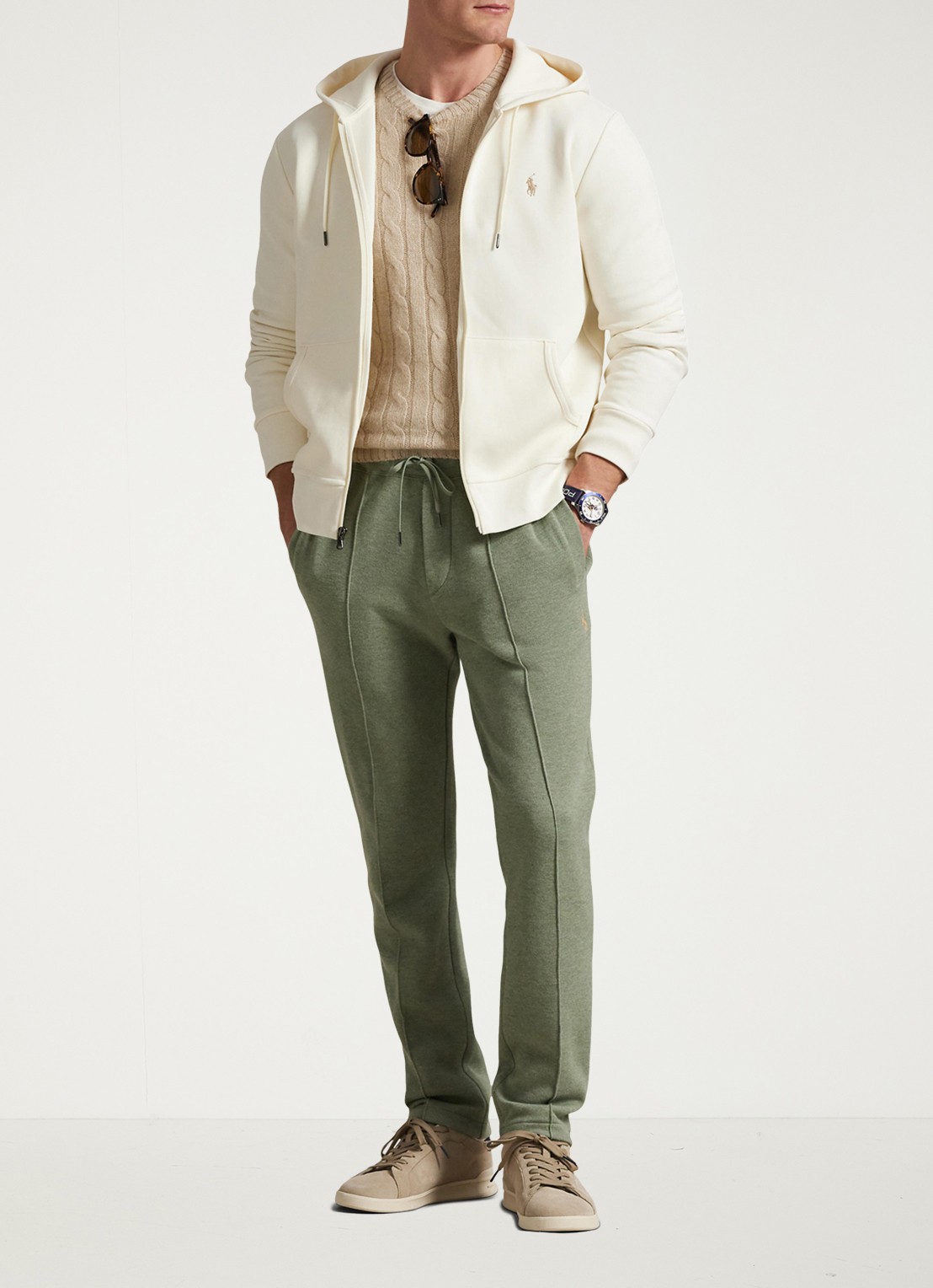 Ralph Lauren Sweatvest met steekzakken en logoborduring - voorkant 3 pale cream / creme