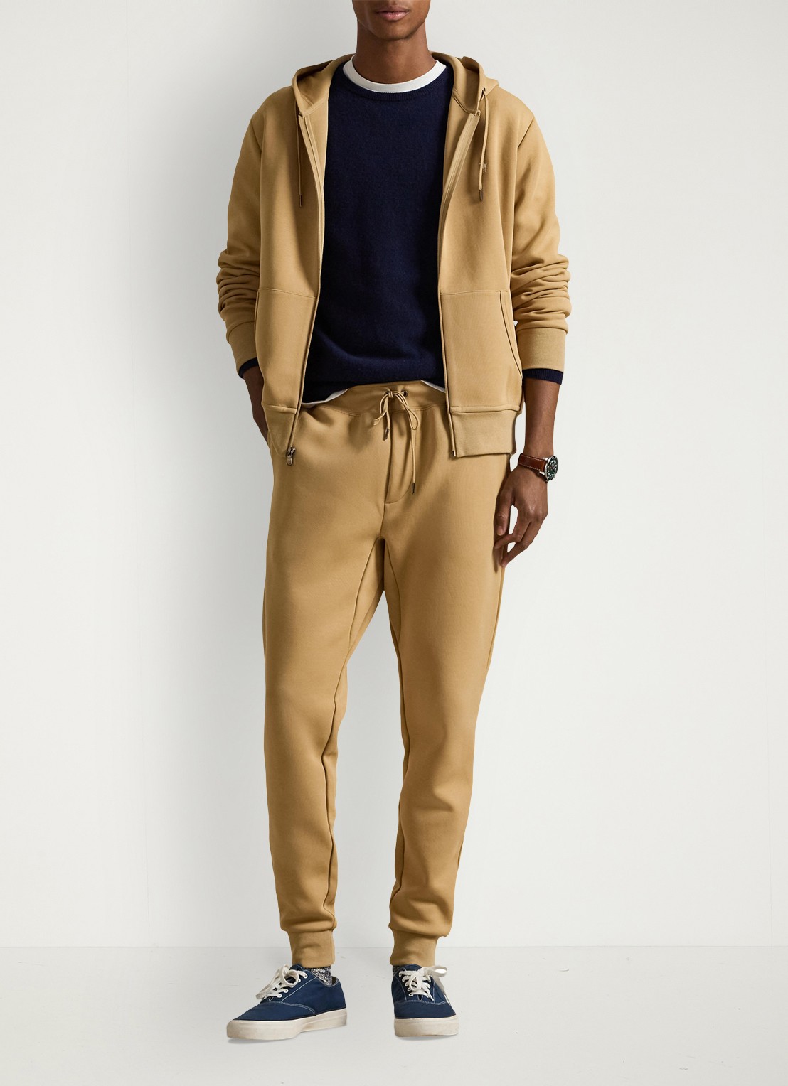 Ralph Lauren Sweatvest met steekzakken en logoborduring - voorkant 2 classic camel