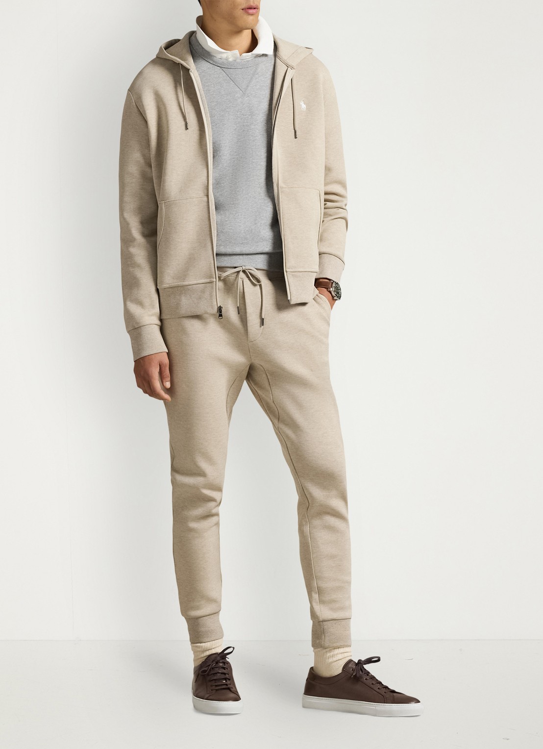 Ralph Lauren Sweatvest met steekzakken en logoborduring - voorkant 3 tuscan beige heather