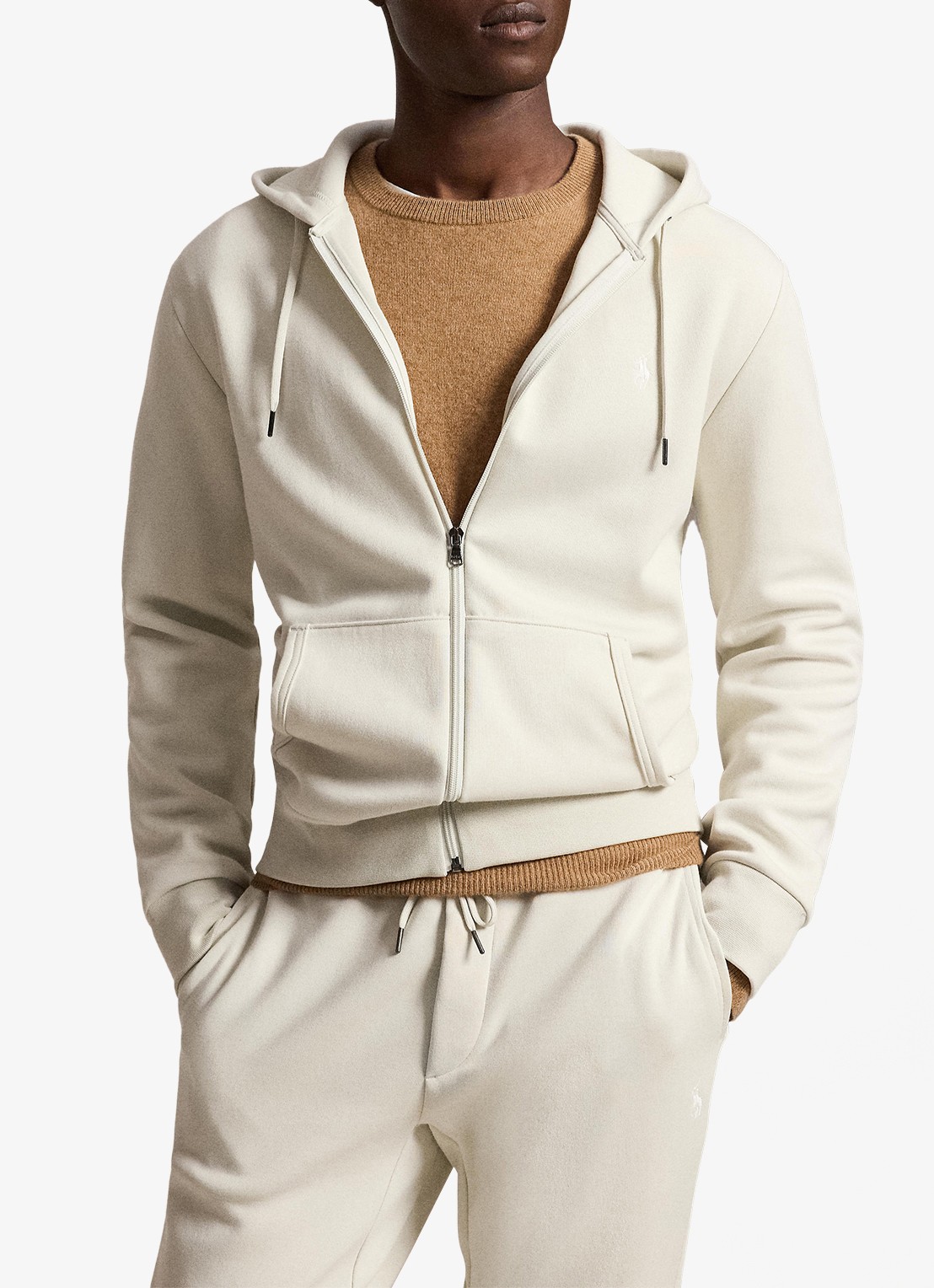 Ralph Lauren Sweatvest met steekzakken en logoborduring - voorkant 5 stone pebble / gebroken wit