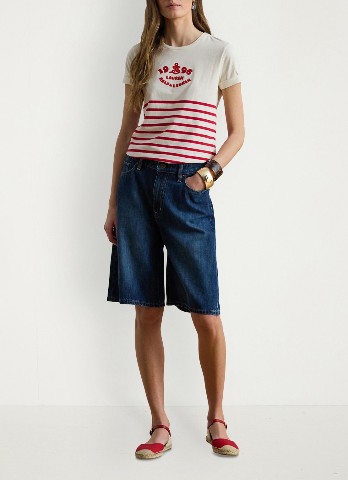 Ralph Lauren T-shirt met streepprint en logo - voorkant 5 mascarpone cream / creme