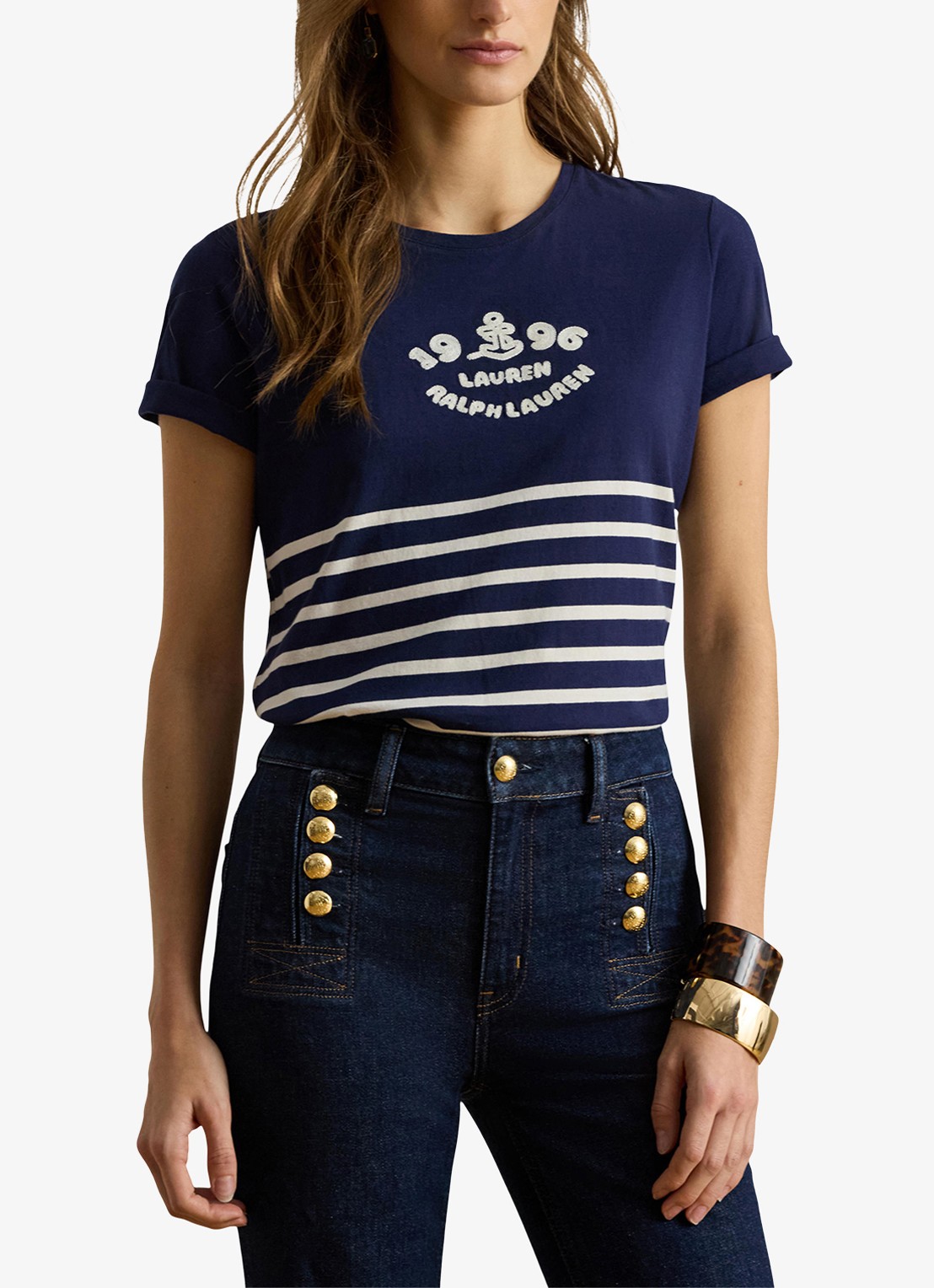 Ralph Lauren T-shirt met streepprint en logo - detail 4 donkerblauw
