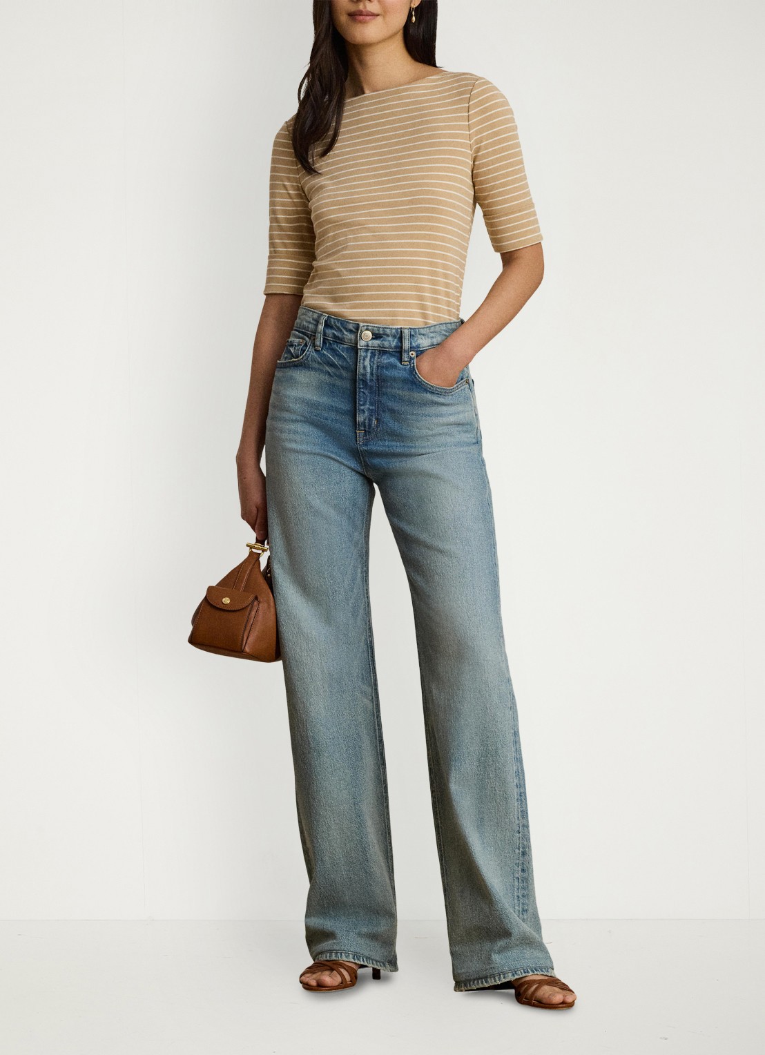 Ralph Lauren T-shirt met streepprint - voorkant 5 birch tan/mascarpone cream / beige