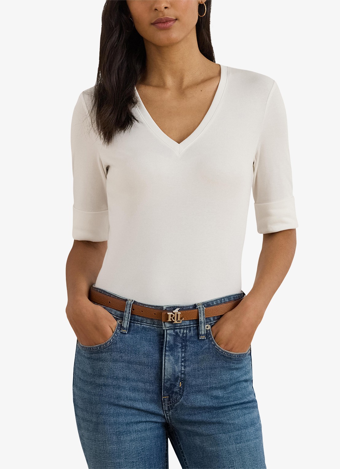 Ralph Lauren T-shirt met V-hals en halflange mouw - detail 4 white / wit