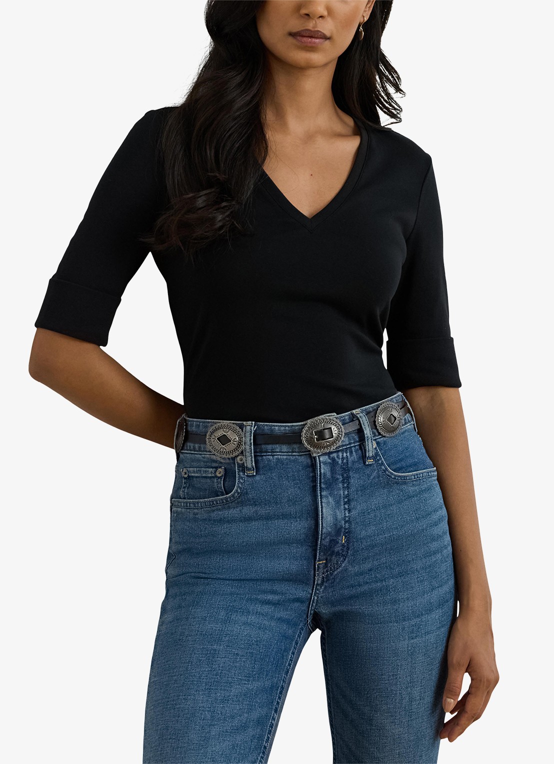 Ralph Lauren T-shirt met V-hals en halflange mouw - detail 8 black / zwart