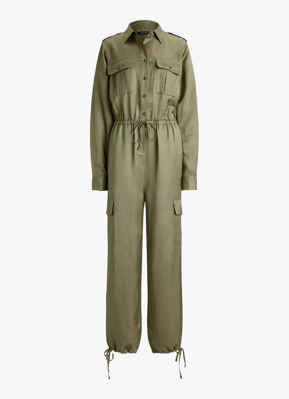 Ralph Lauren Tapered fit jumpsuit in linnenblend met strikceintuur - voorkant light agave / groen