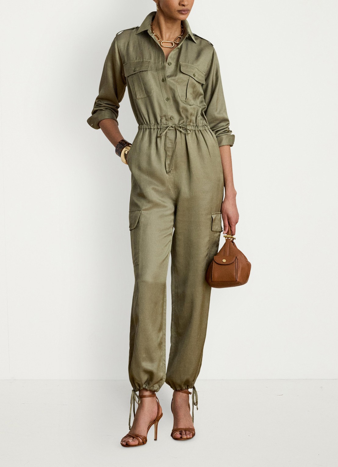 Ralph Lauren Tapered fit jumpsuit in linnenblend met strikceintuur - voorkant 2 light agave / groen