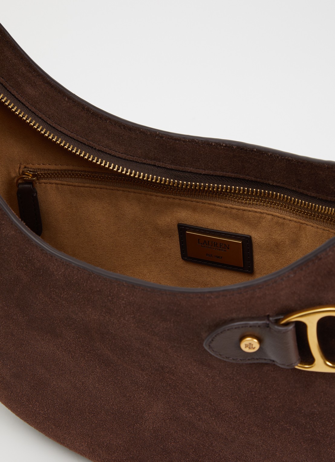 Ralph Lauren Tasha Large schoudertas van suède - detail 3 donkerbruin