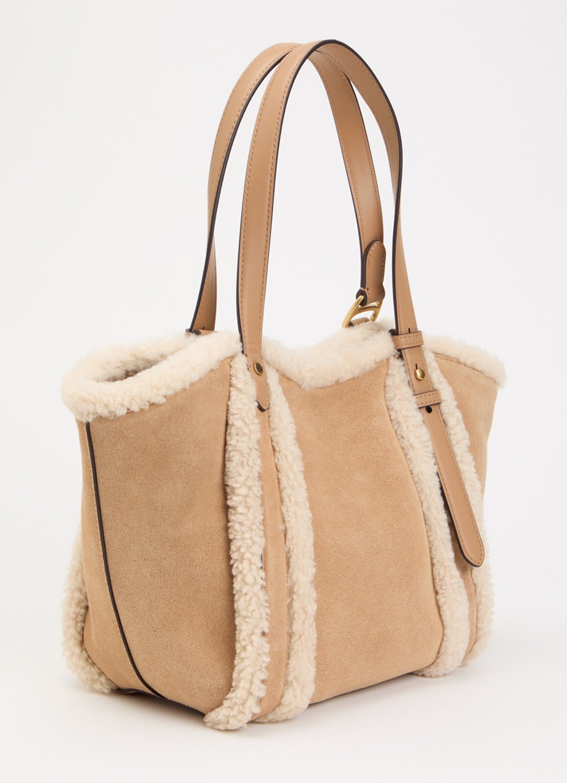Ralph Lauren Tasha schoudertas van suède met schapenvacht - achterkant 5 camel