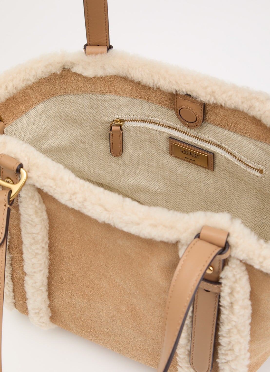 Ralph Lauren Tasha schoudertas van suède met schapenvacht - detail 2 camel