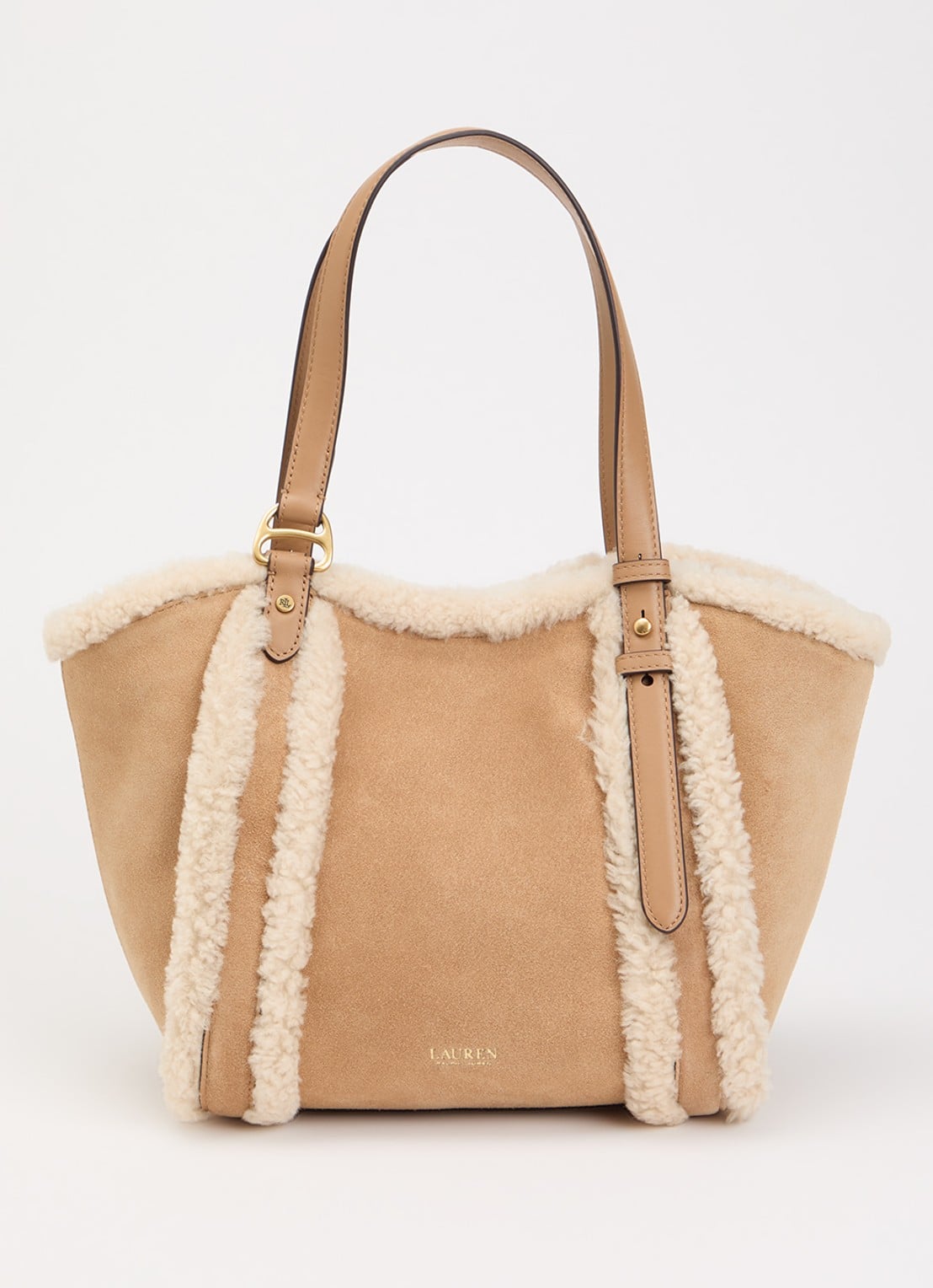 Ralph Lauren Tasha schoudertas van suède met schapenvacht - voorkant camel