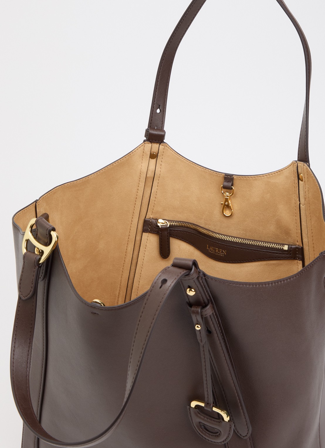 Ralph Lauren Tasha shopper van leer met verstelbare schouderriem - detail 2 lichtbruin