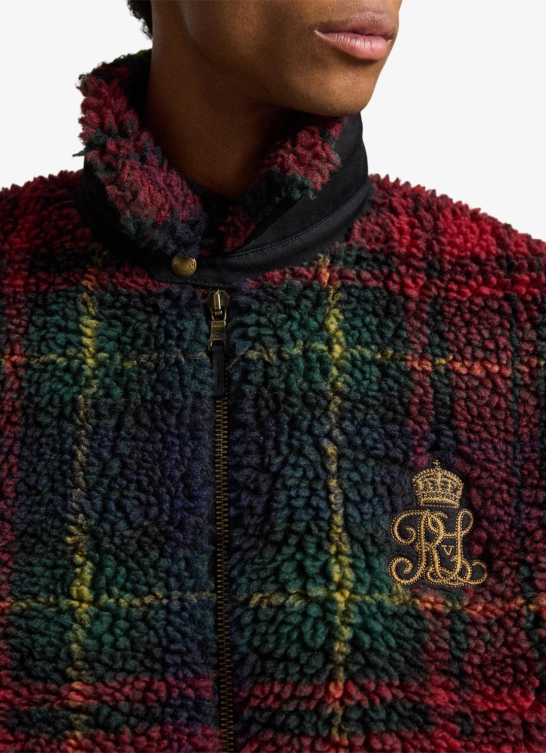 Ralph Lauren Teddy jas met ruitdessin en steekzakken - detail 2 macro holiday plaid / rood