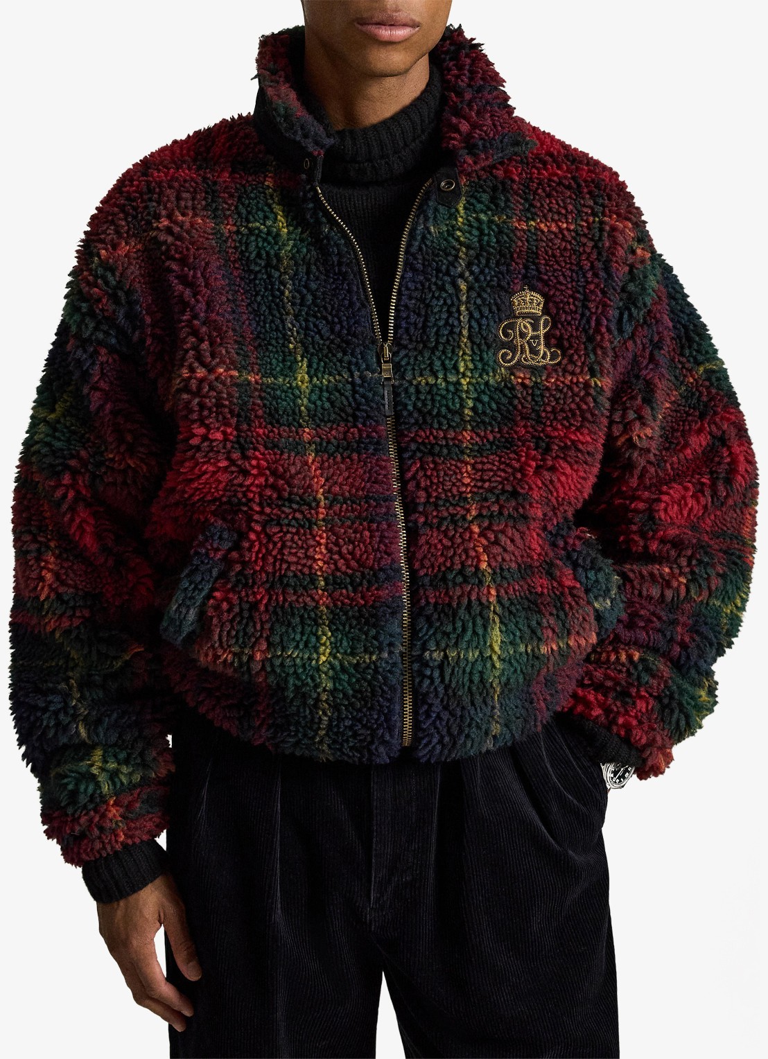Ralph Lauren Teddy jas met ruitdessin en steekzakken - voorkant 2 macro holiday plaid / rood