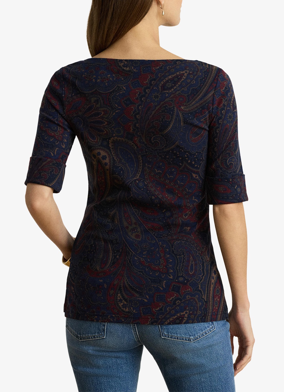 Ralph Lauren Top met paisley dessin en boothals - achterkant 5 navy multi / blauw