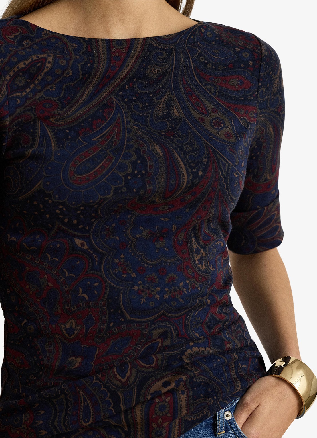 Ralph Lauren Top met paisley dessin en boothals - detail 2 navy multi / blauw