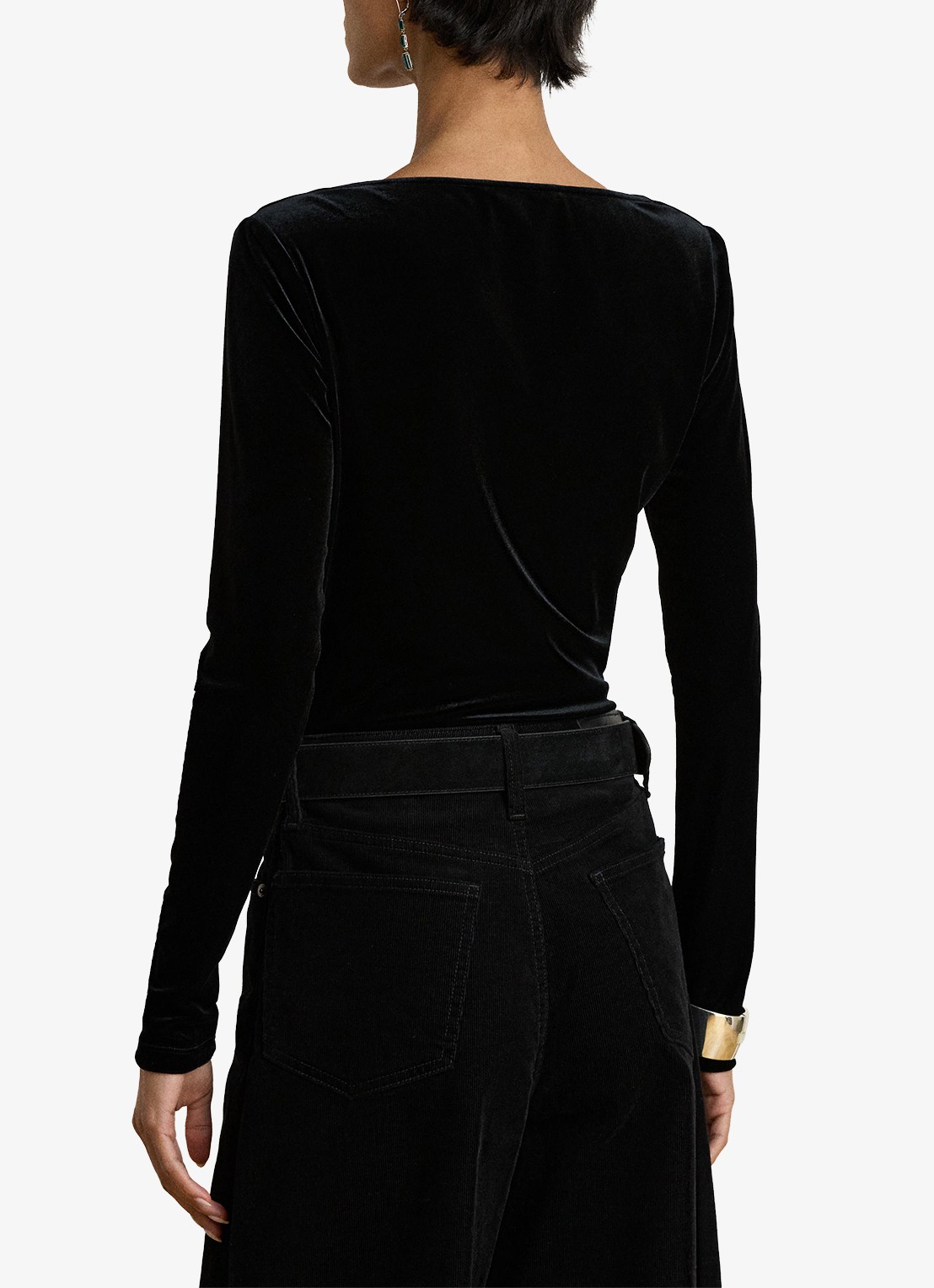 Ralph Lauren Top van fluweel met plooidetail en asymmetrische hals - achterkant black velvet / zwart