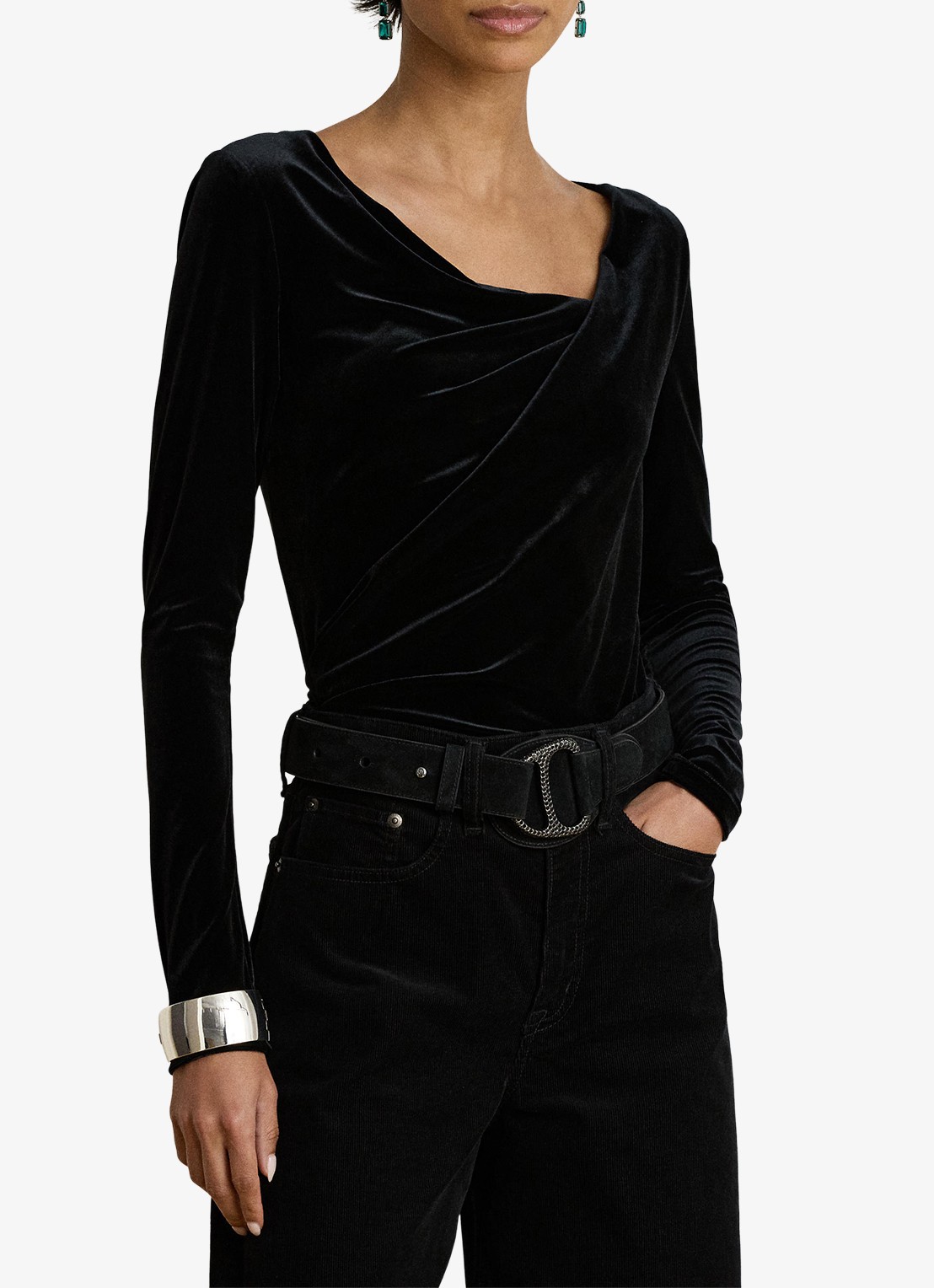 Ralph Lauren Top van fluweel met plooidetail en asymmetrische hals - detail 4 black velvet / zwart