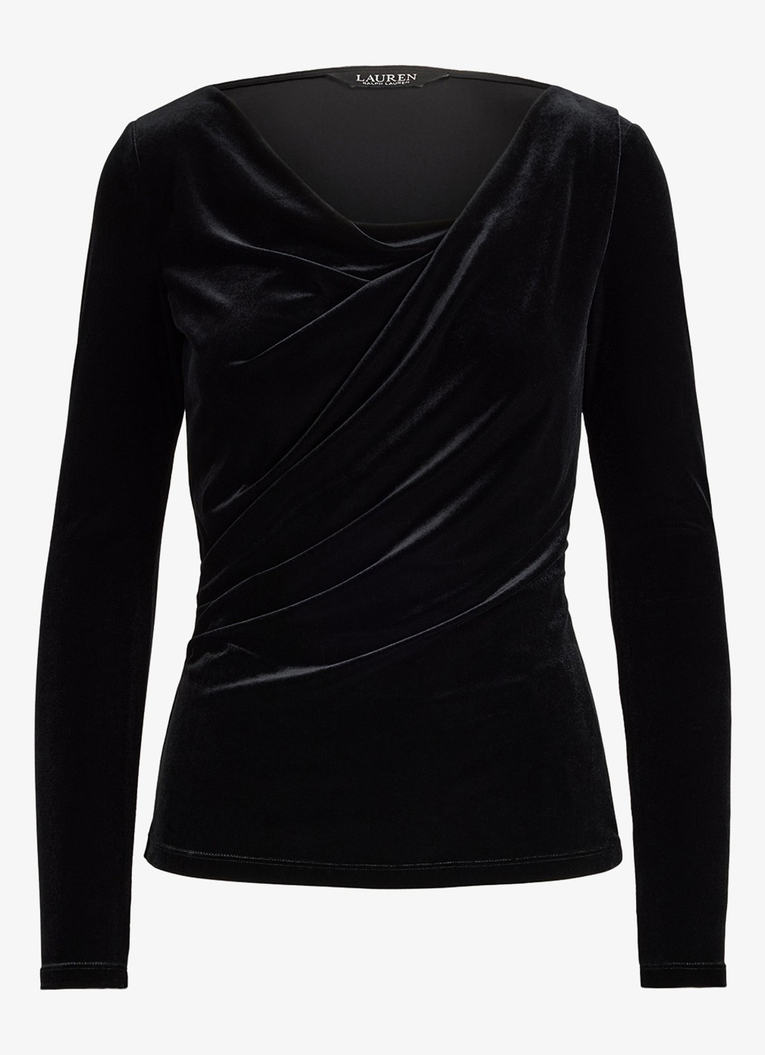 Ralph Lauren Top van fluweel met plooidetail en asymmetrische hals - voorkant 2 black velvet / zwart