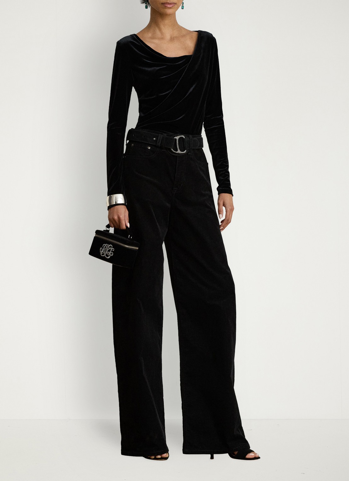 Ralph Lauren Top van fluweel met plooidetail en asymmetrische hals - voorkant 3 black velvet / zwart