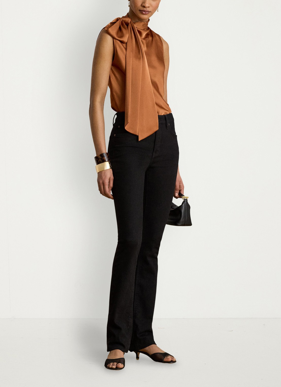 Ralph Lauren Top van satijn met sjaalkraag - voorkant 2 red terracotta / rood