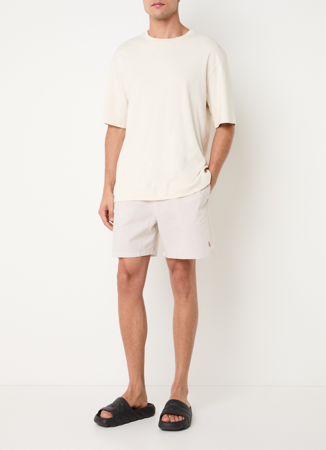 Ralph Lauren Traveler zwemshorts met streepprint en steekzakken - voorkant 4 coastal beige seersucker / beige