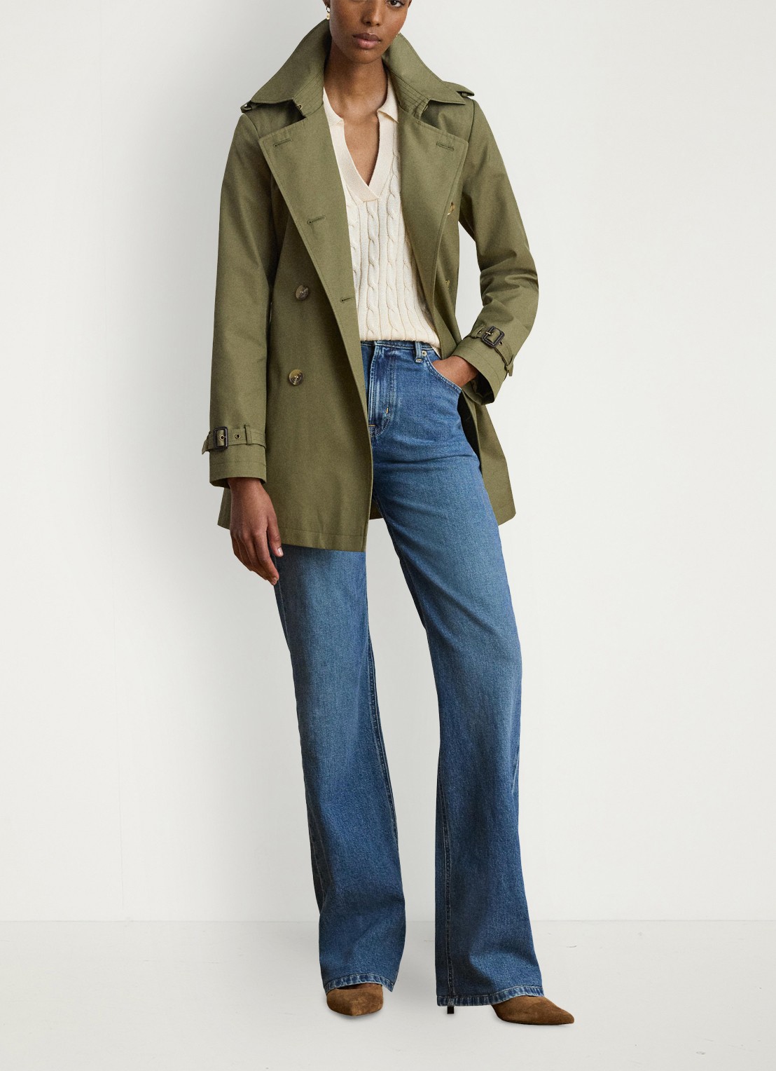 Ralph Lauren Trenchcoat met ceintuur en steekzakken  - voorkant 3 light agave / groen