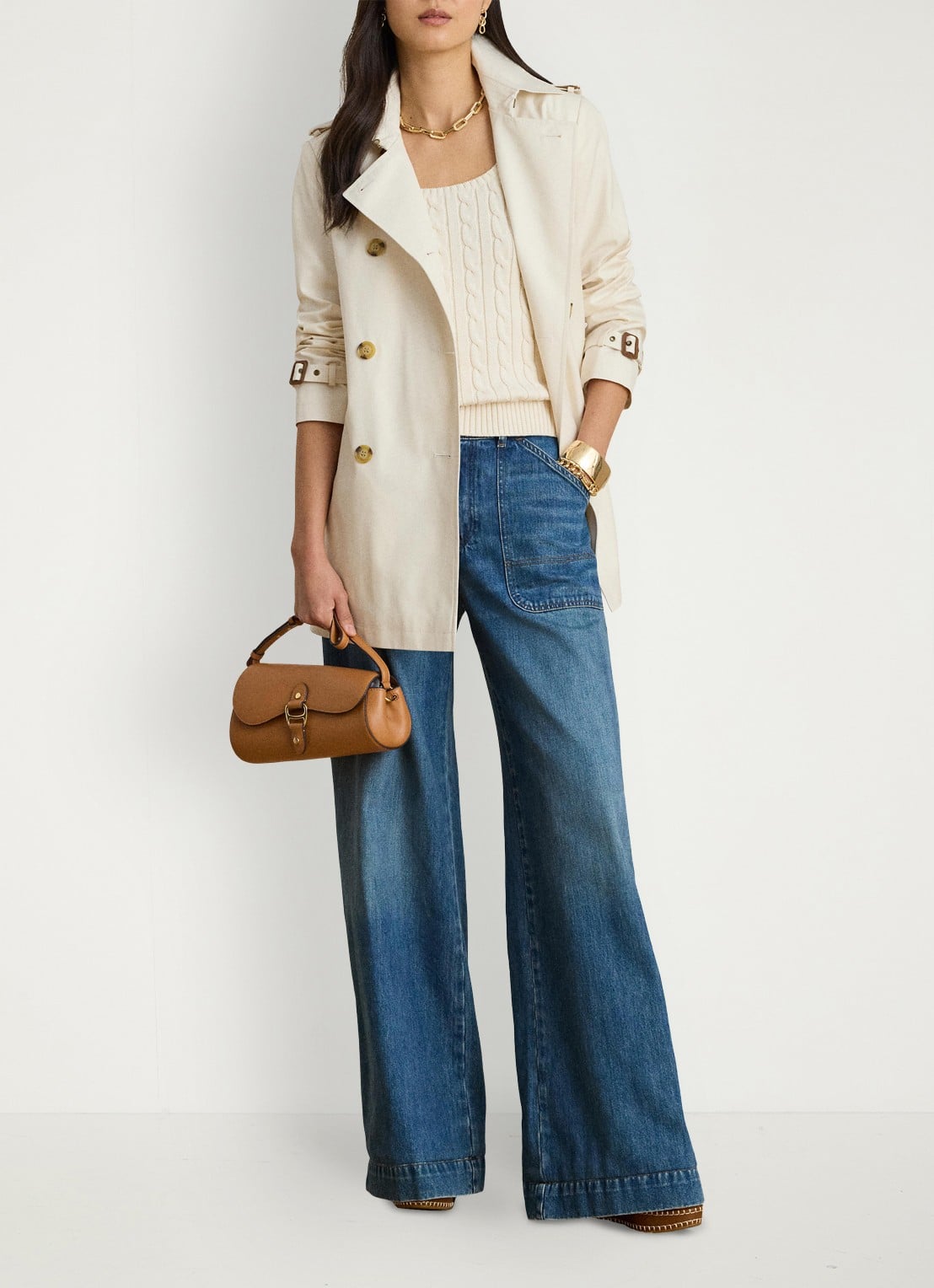Ralph Lauren Trenchcoat met ceintuur en steekzakken  - voorkant 2 mascarpone crème / crème