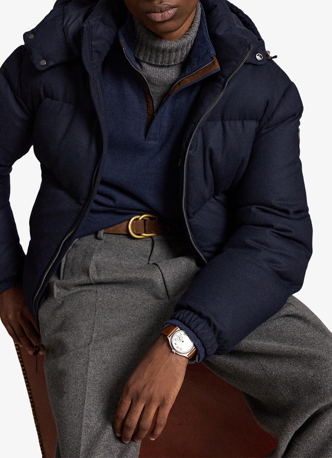 Ralph Lauren Trui met halve rits en visgraatdessin - voorkant 2 donkerblauw