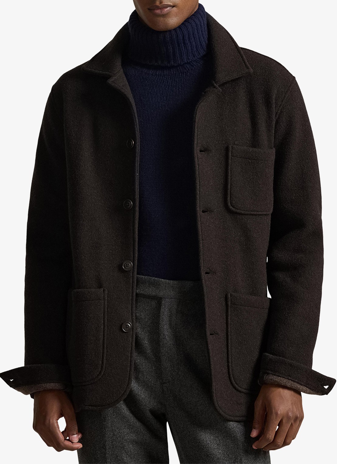 Ralph Lauren Utility overshirt in wolblend met borstzak - detail 2 dark brown heather / donkerbruin