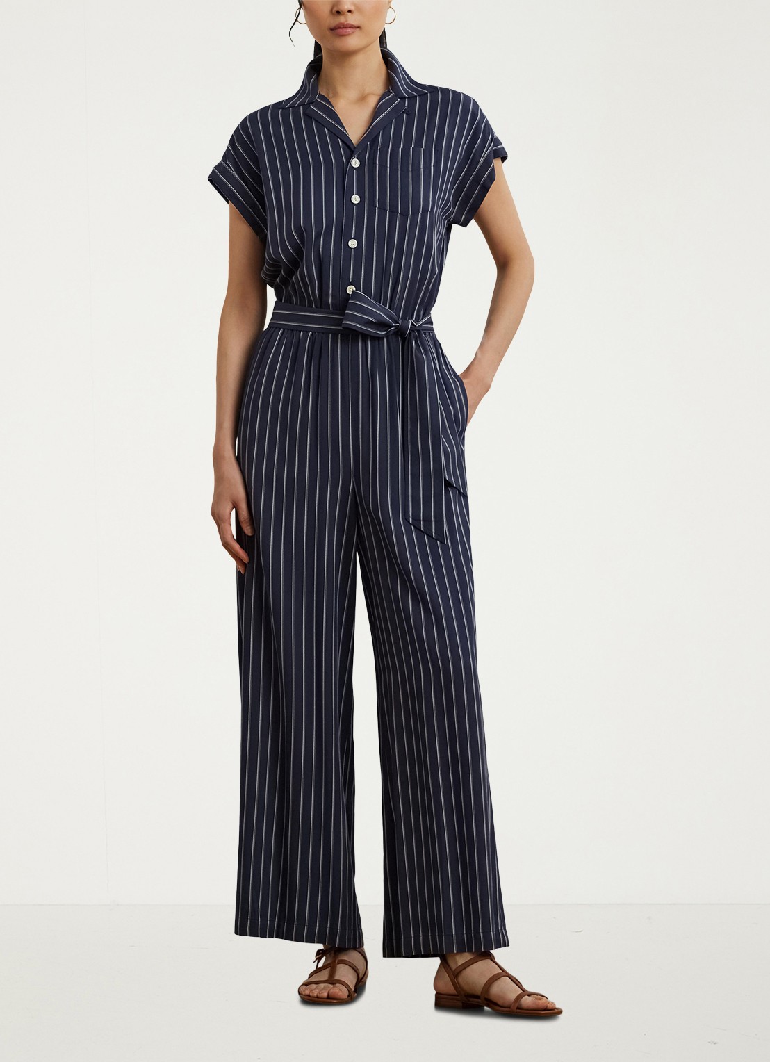 Ralph Lauren Wide fit jumpsuit met streepprint - voorkant 3 blauw