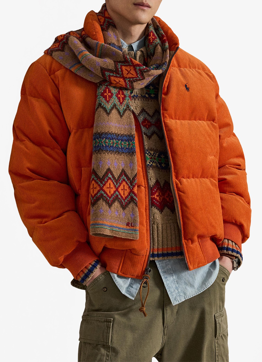 Ralph Lauren Wyoming pufferjack van corduroy met donsvulling - voorkant 2 college orange / oranje