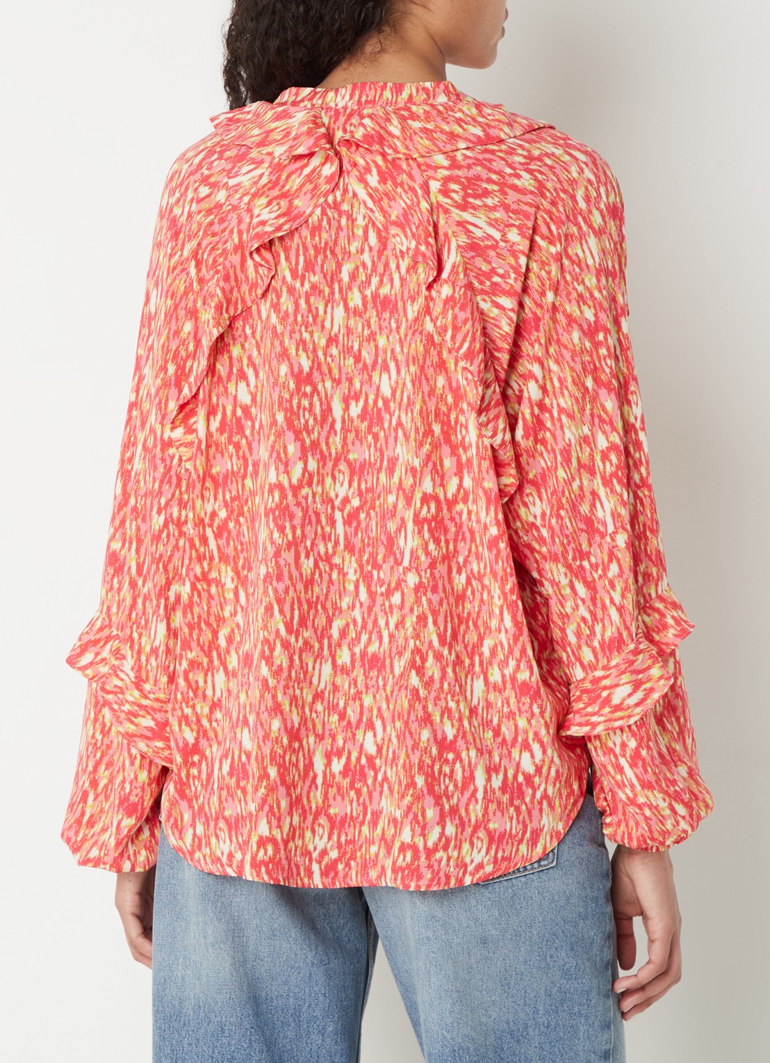 Refined Department Roma blouse met V-hals en ruches  - achterkant 2 koraalroze