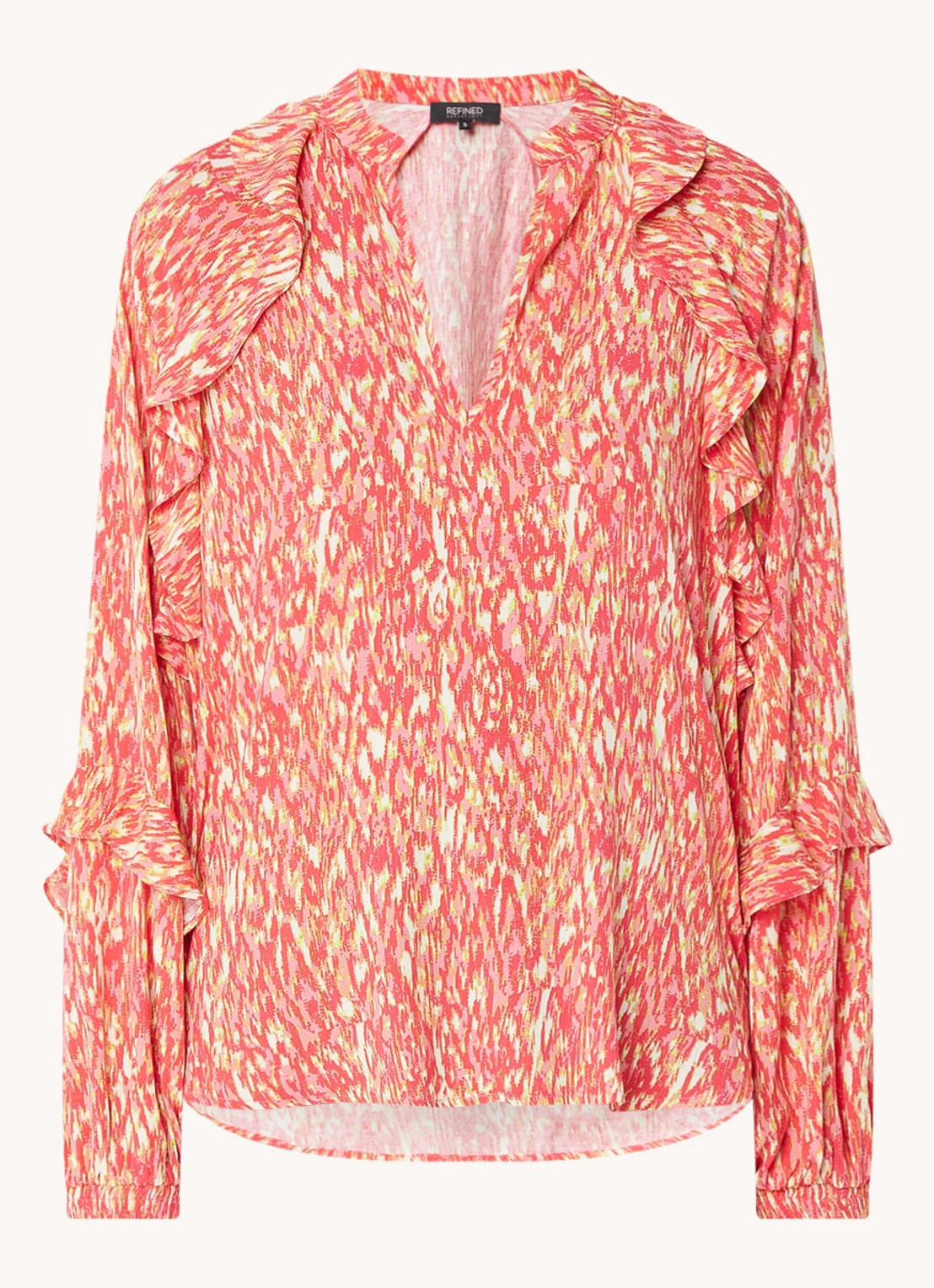 Refined Department Roma blouse met V-hals en ruches  - voorkant 3 koraalroze