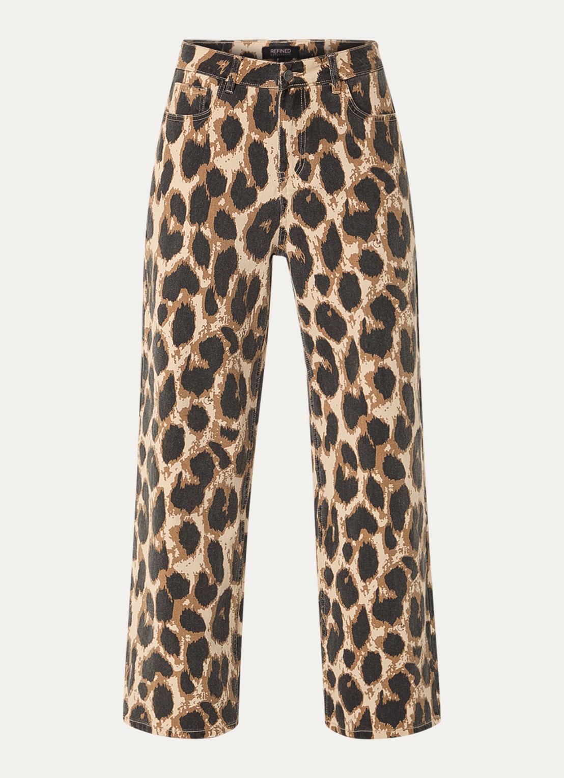 Refined Department Sunny high waist wide leg jeans met panterprint - voorkant lichtbruin